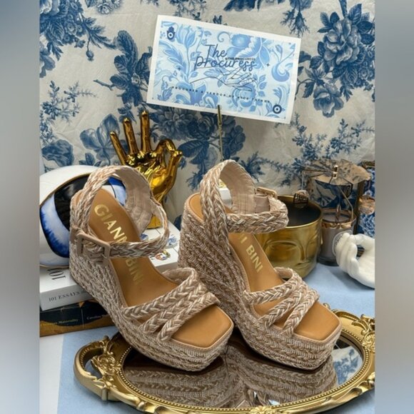 🆕 GIANNI BINI 🧿 NWOB Santi Woven Beaded Wedge Sandal - Neutral Woven Sz US 7 - Picture 2 of 16